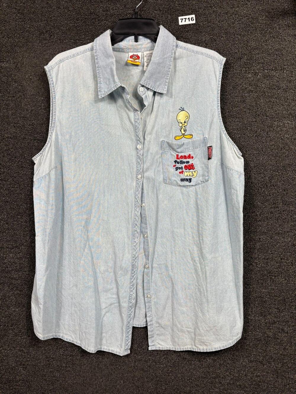 Vintage Looney Tunes Shirt Womens 18/20W Blue Tweety Embroidered Chambray 90s